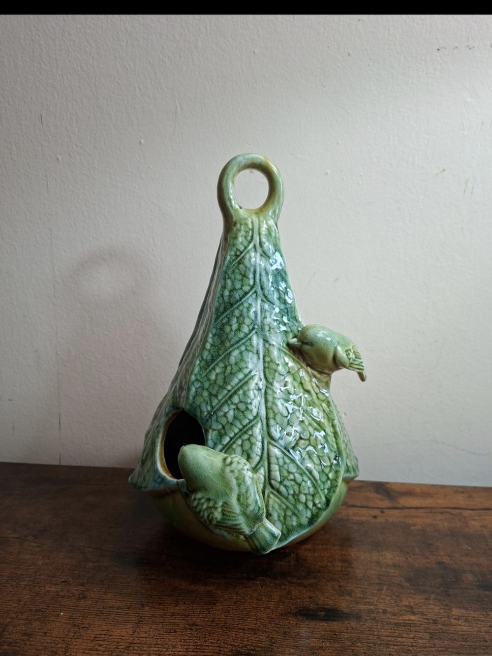 Vintage Green Glazed Ceramic Birdhouse / Hanging Planter – Textured Leaf Design